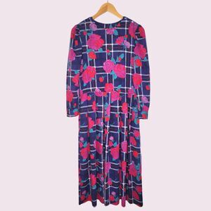 Vintage LANZ ORIGINALS 80s Floral Plaid Print Dress Size M Midi Blue Pink USA